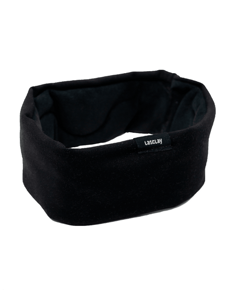 Bandeau cache-oreilles de sport en polyester noir, large bande à couture droite et étiquette Lasclay cousue sur le côté, isolé à la soie d'asclépiade, chaud et léger pour la course.