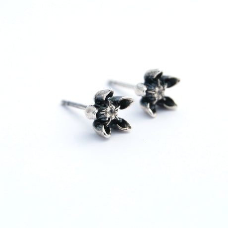 Boucles d'oreilles en argent en forme de fleur d'asclépiade, bijou réalisé par une joaillère québécoise, sur fond blanc.