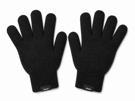 Paire de gants tricotés noirs Lasclay isolés à la soie d'asclépiade, doublure chaude, présentés à plat sur fond blanc, accessoire d'hiver québécois.
