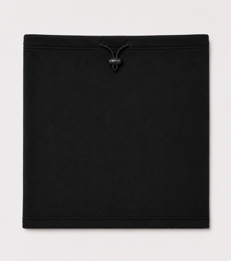 Kids' milkweed neck warmer, ages 5 to 14, black, laid flat, with its drawstring and cord lock