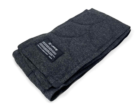 Dark grey scarf insulated with milkweed floss, leaf-pattern quilting, warm and light winter accessory, on a white background.