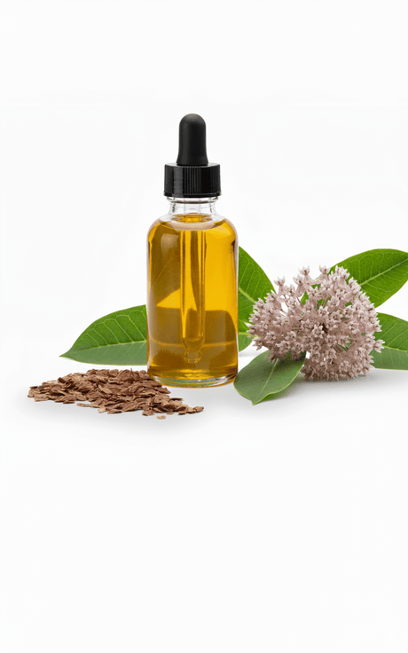 Flacon compte-gouttes d'huile de graines d'asclépiade ambrée, présenté avec graines et fleur d'asclépiade, soin naturel riche en oméga.
