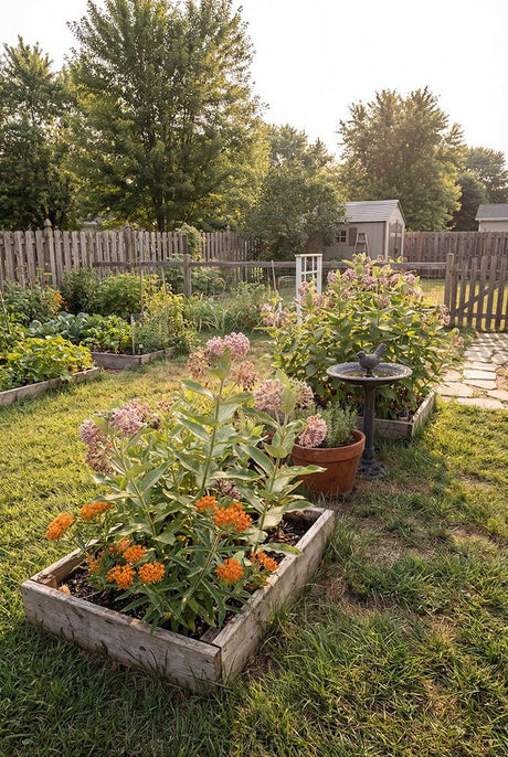 Jardin a monarques avec carres sureleves d'asclepiade commune et d'asclepiade tubereuse orange pres d'un bain d'oiseaux