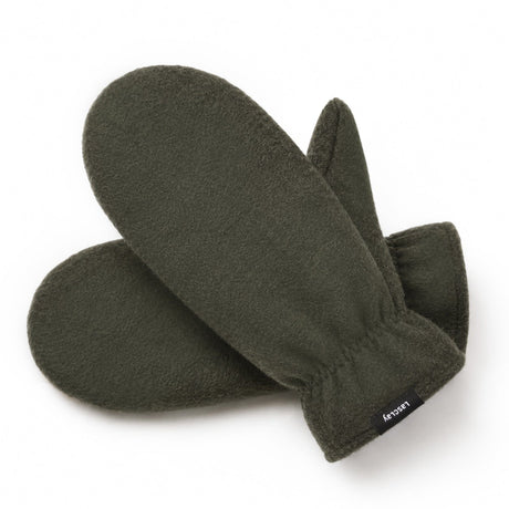 Paire de mitaines urbaines en laine vert kaki doublées d'asclépiade, étiquette Lasclay, sur fond blanc.