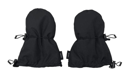 Paire de mitaines de bébé noires Lasclay isolées à la soie d'asclépiade, vues de dessus avec leurs cordons de serrage