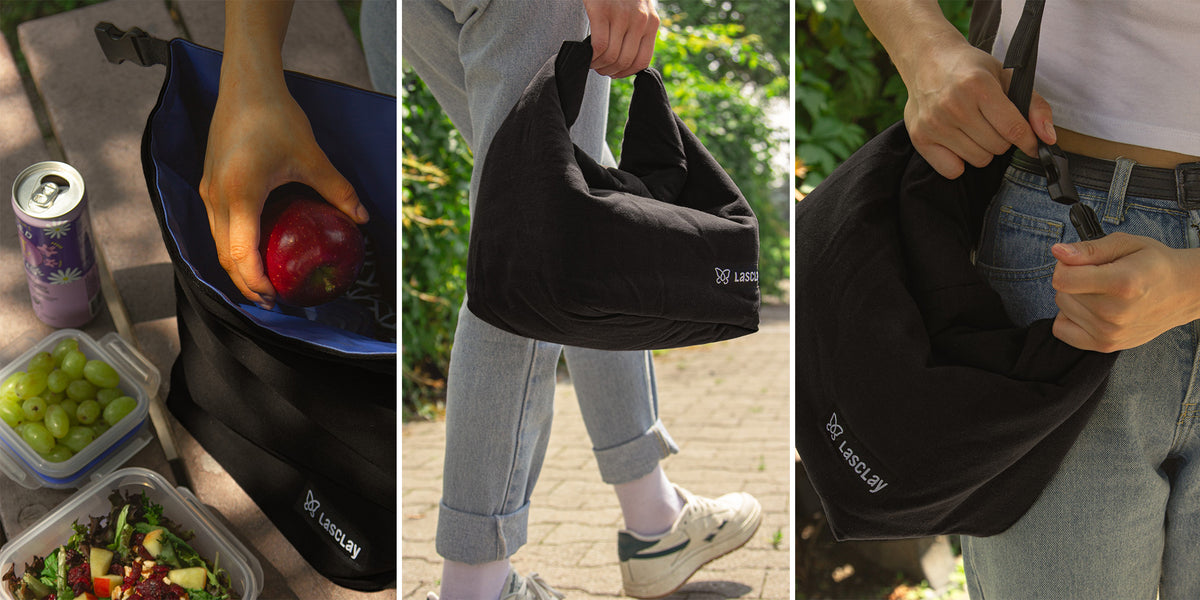 Sac à lunch isotherme Lasclay noir à la fibre d'asclépiade montré en trois scènes: garni d'aliments, tenu à la main et porté en bandoulière dehors.