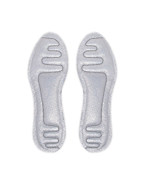 Paire de semelles intérieures isolées à l'asclépiade vue de dessus, surface réfléchissante, pour garder les pieds au chaud dans les bottes l'hiver, isolant végétal du Québec.