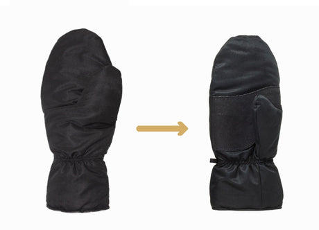 Comparaison de deux mitaines noires isolées à l'asclépiade, ancien et nouveau modèle à paume renforcée, reliés par une flèche